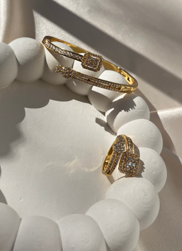 ست دستبند النگویی و انگشتر NYH فول نگین | برنج آبکاری طلا