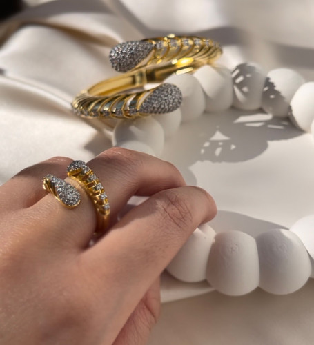 ست بنگل و انگشتر طرح طلا | فول نگین | استیل | کیفیت درجه1 | فری سایز