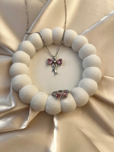 نیم ست پاپیون صورتی سوارسکی نگین بدون ریزش | زنجیر استیل رنگ ثابت