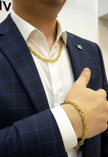 ست گردنبند و دستبند | دوبل بیضی مردانه | فول استیل رنگ ثابت