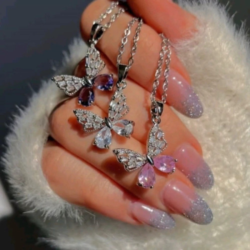 گردنبند پروانه سوارسکی فول نگین بدون ریزش | زنجیر استیل رنگ ثابت