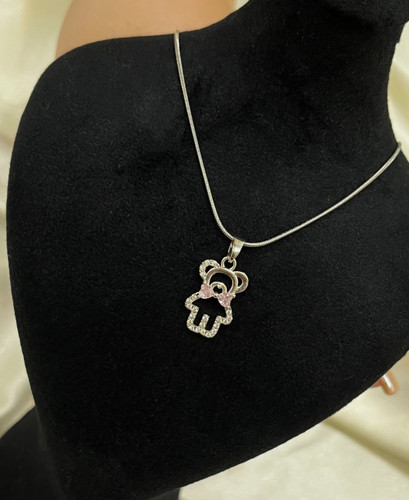 گردنبند سوارسکی خرس کوچولو | نگین صورتی | زنجیر استیل رنگ ثابت