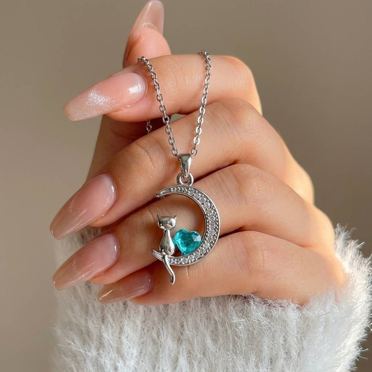 گردنبند گربه و ماه سوارسکی نگین آبی زنجیر استیل رنگ ثابت